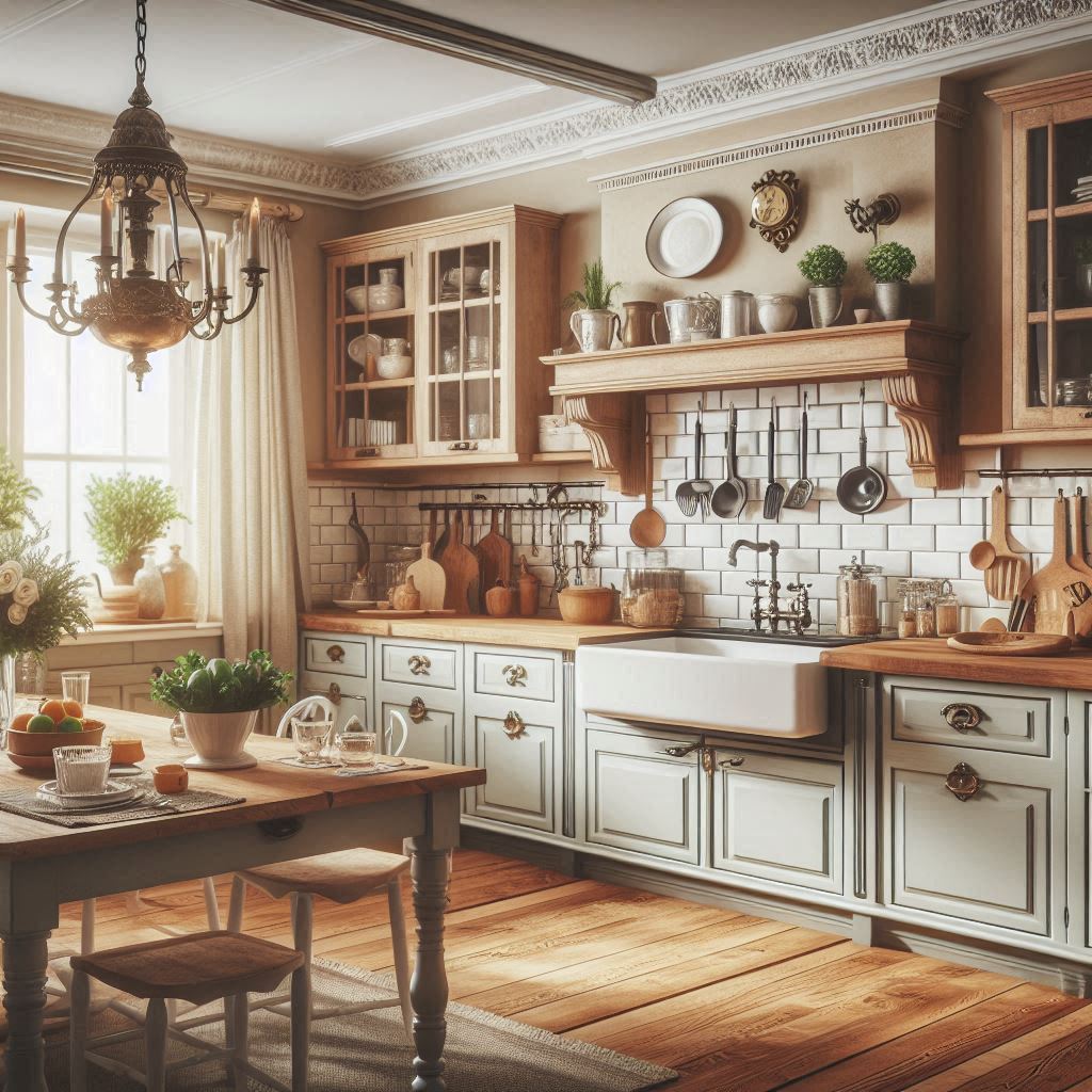 Classic American Interior Design. Kitchen. farmhouse sink. vintage-style fixtures. open shelving