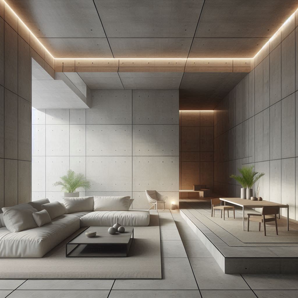 Minimalist Brutalist Interior Design. large, open spaces in a living room or office