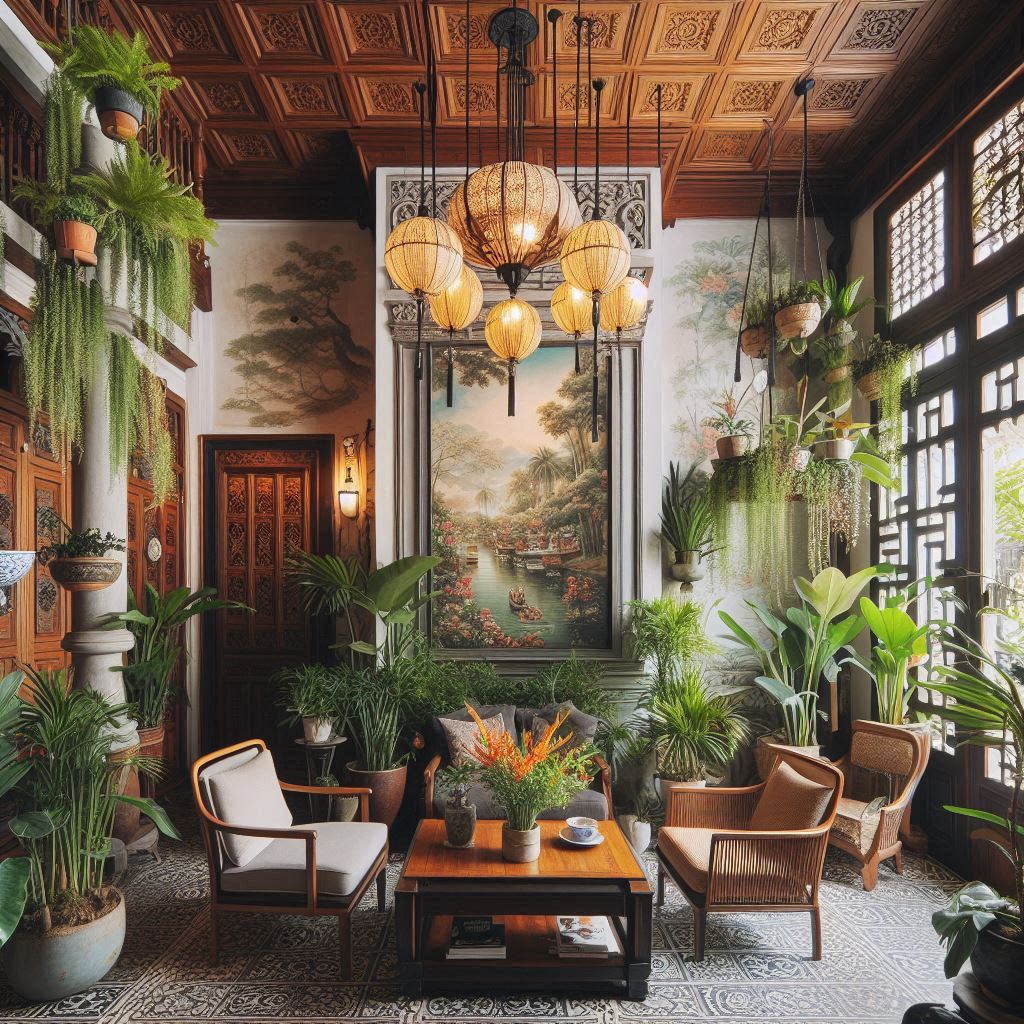 french indochina indochine interior design. potted plants, hanging greenery, or even a vertical garden