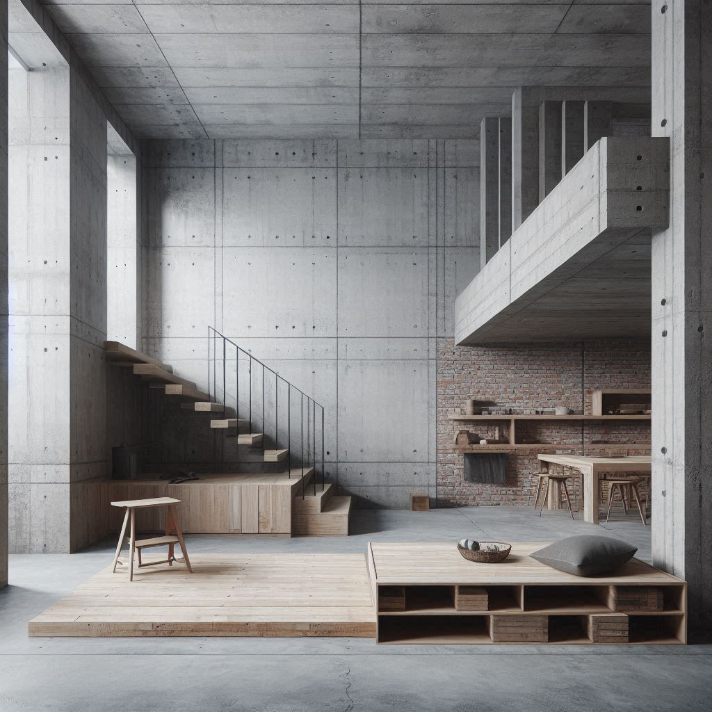 Minimalist Brutalist Interior Design. concrete, exposed brick, and unfinished wood