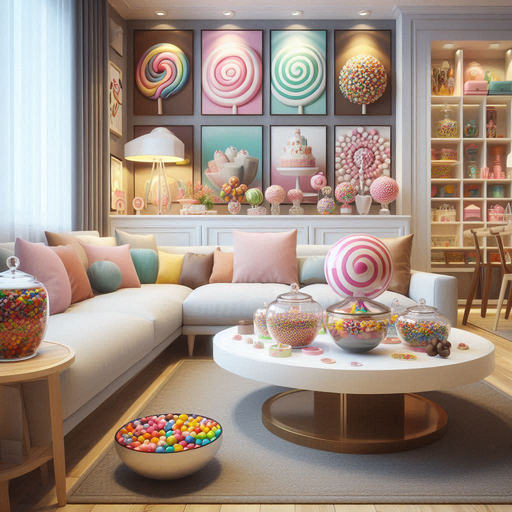 Interior Design Candy Store. bowls of colorful candy on the coffee table, display fun, candy-colored artwork on walls.