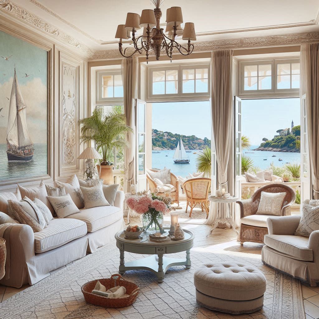 French Coastal Interior Design. Soft sofas, comfy chairs, and plenty of cushions