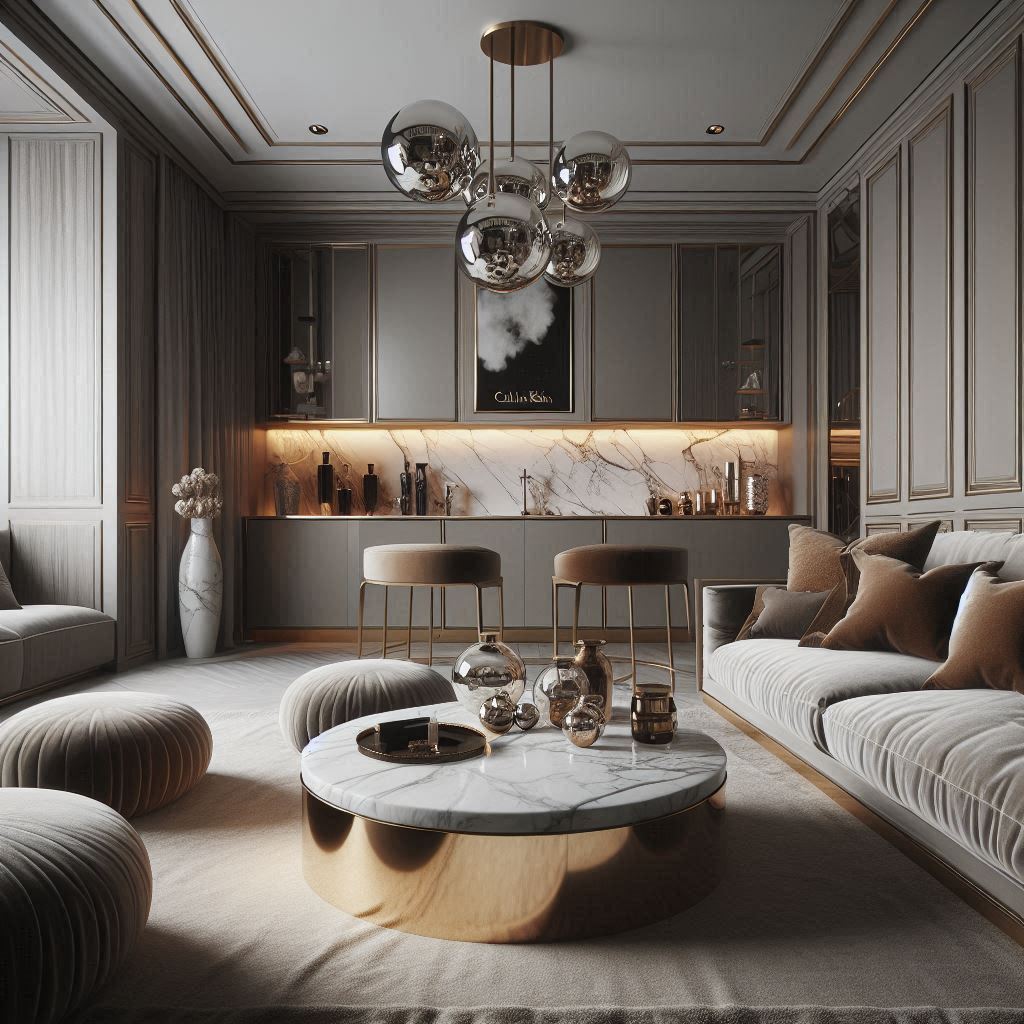 Calvin Klein Interior Design. high-quality materials. Smooth textures, soft fabrics, glossy finishes, and sleek metals. luxurious velvet cushions, marble countertops, or polished wood flooring