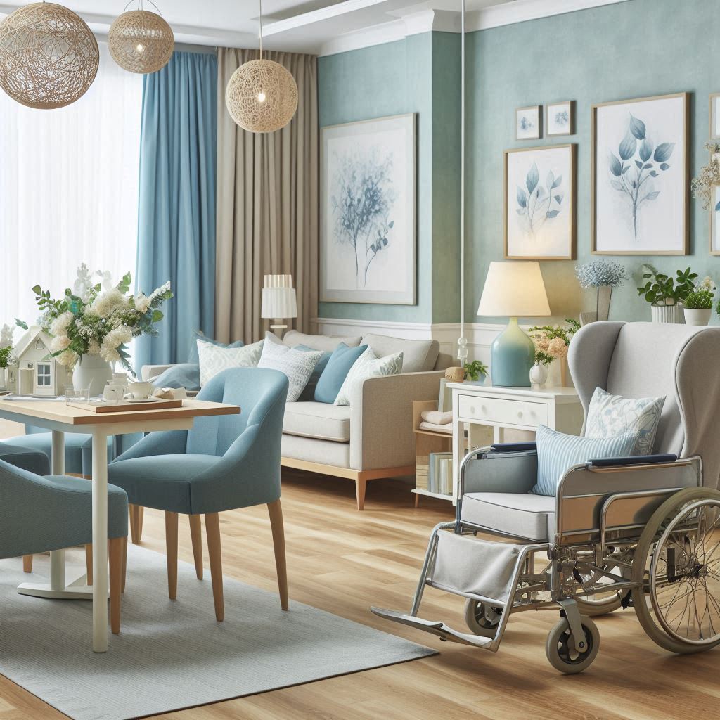 nursing home interior design. soft blues, greens, and neutral tones