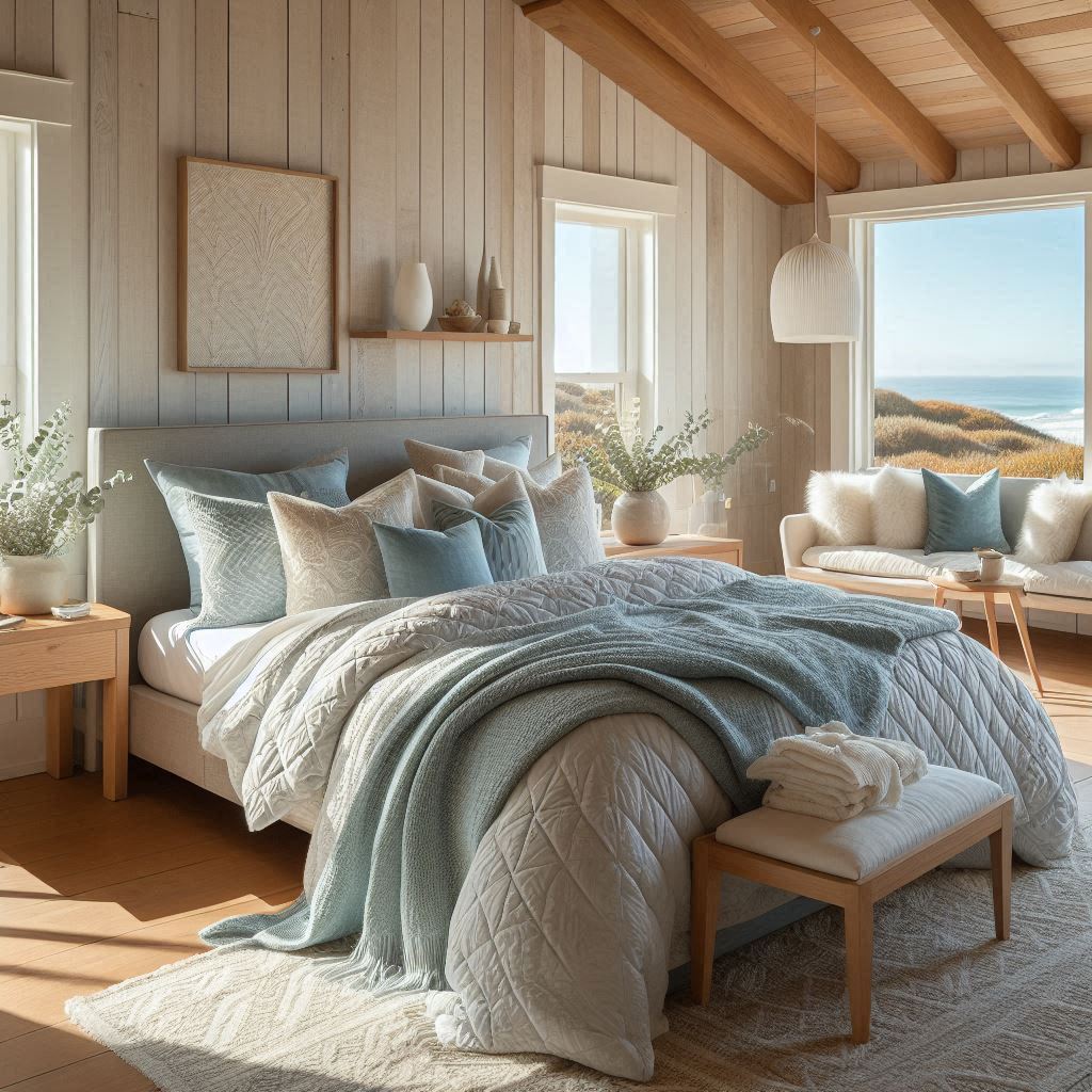 California Beach House Interior Design. Bedroom. light quilt. light blue bedding and fluffy white pillows. wooden bed frame