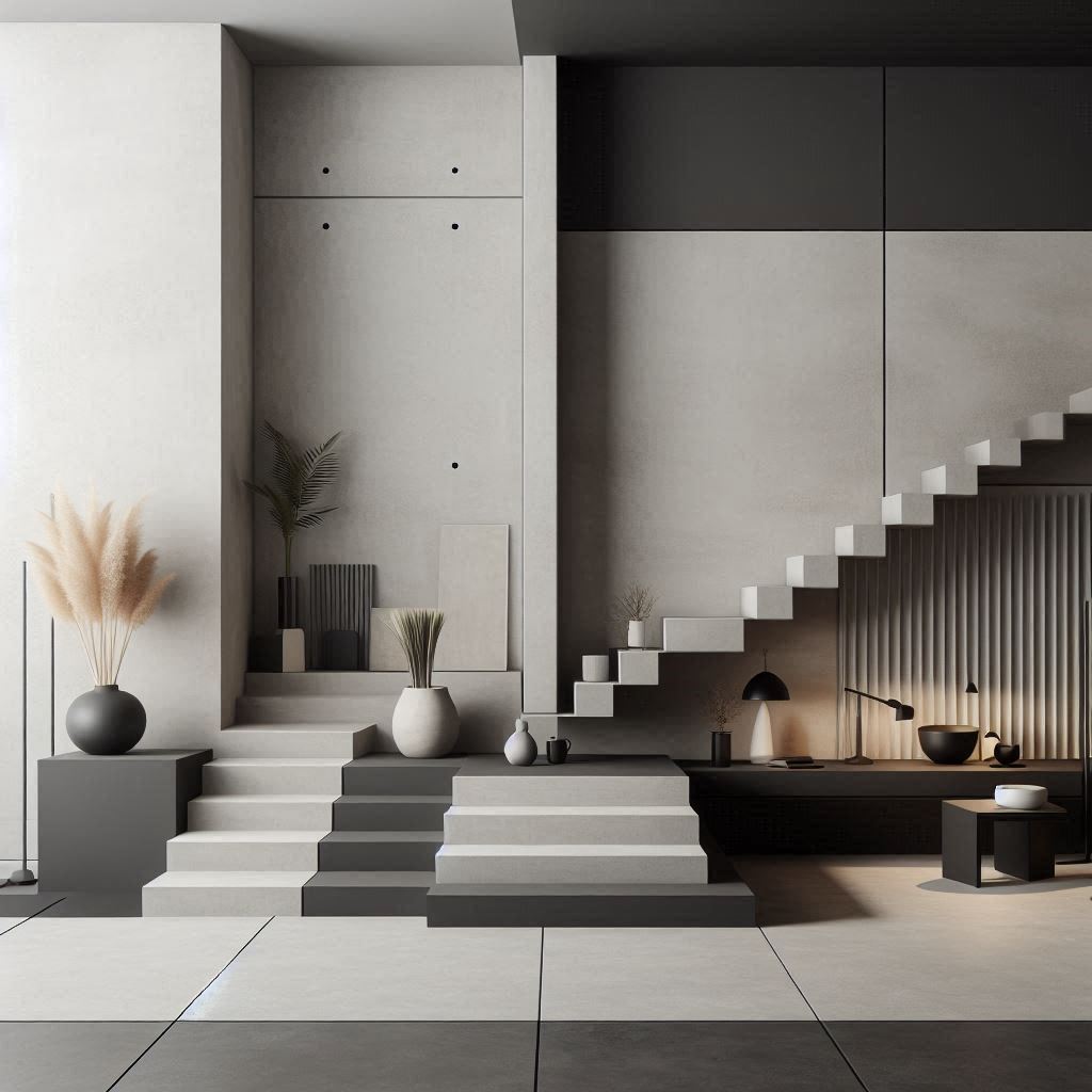 Minimalist Brutalist Interior Design. gray, black, white, and beige color theme