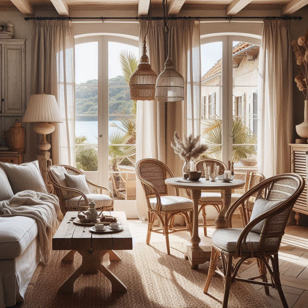 French Coastal Interior Design. wood furniture. Wicker or rattan chairs. linen curtains