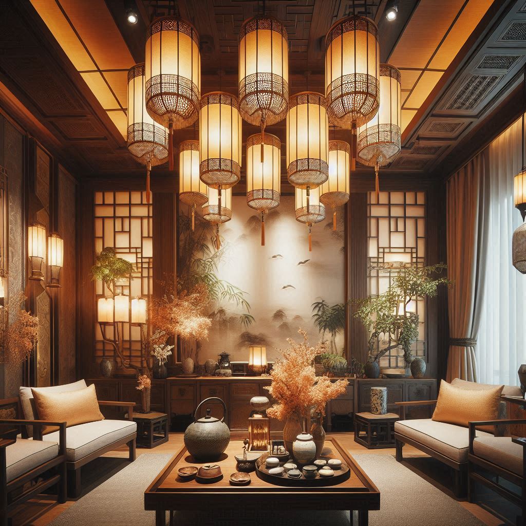 Chinese Design Interior.  lantern-style lamps, pendant lights, or even candles