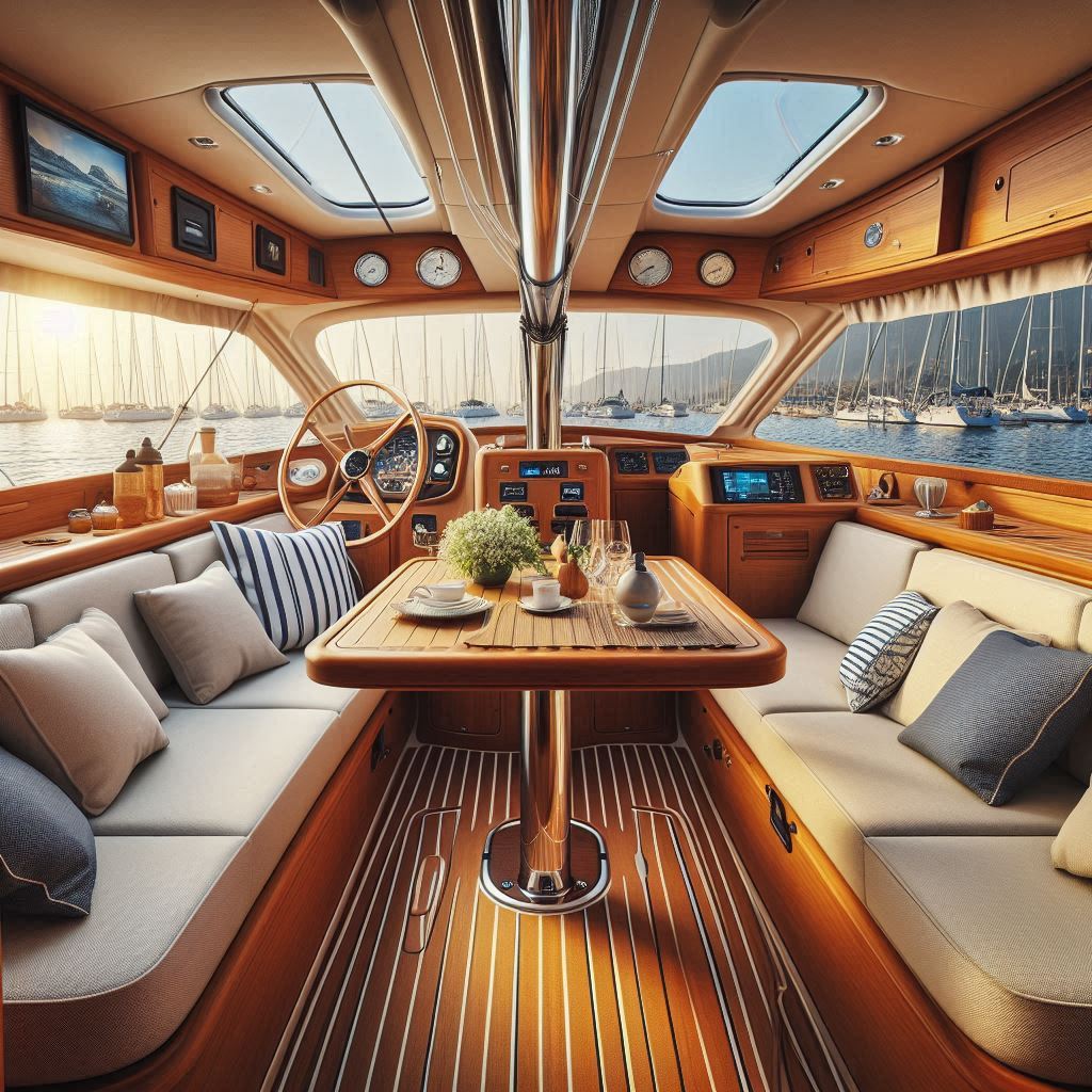 sailing boat interior design. Marine-grade wood, viny