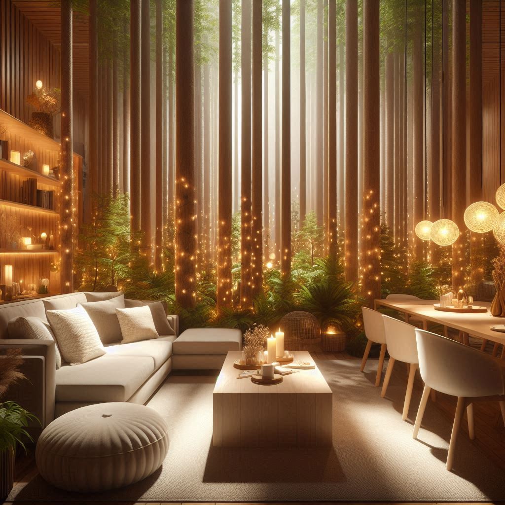 Interior Design Forest. Soft and warm Lighting. 