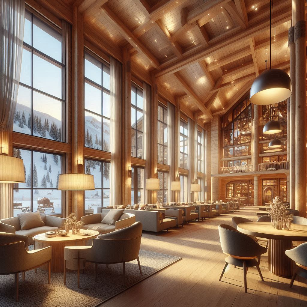 Interior Design Ski Lodge. Large windows and glass doors. ceiling lights or recessed lighting. table lamps or pendant lights