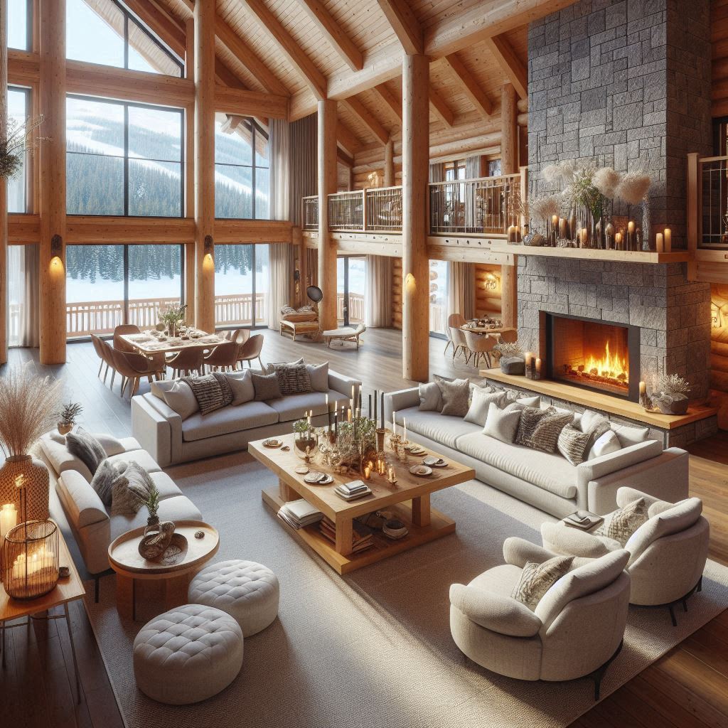 Interior Design Ski Lodge. Design with Open Spaces. arrange the living area with comfortable seating around the fireplace