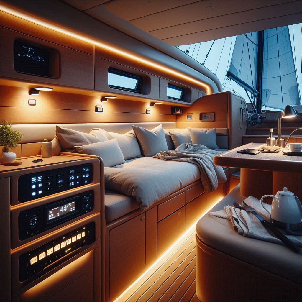 sailing boat interior design. small LED lights, under-cabinet lights, and reading lamps