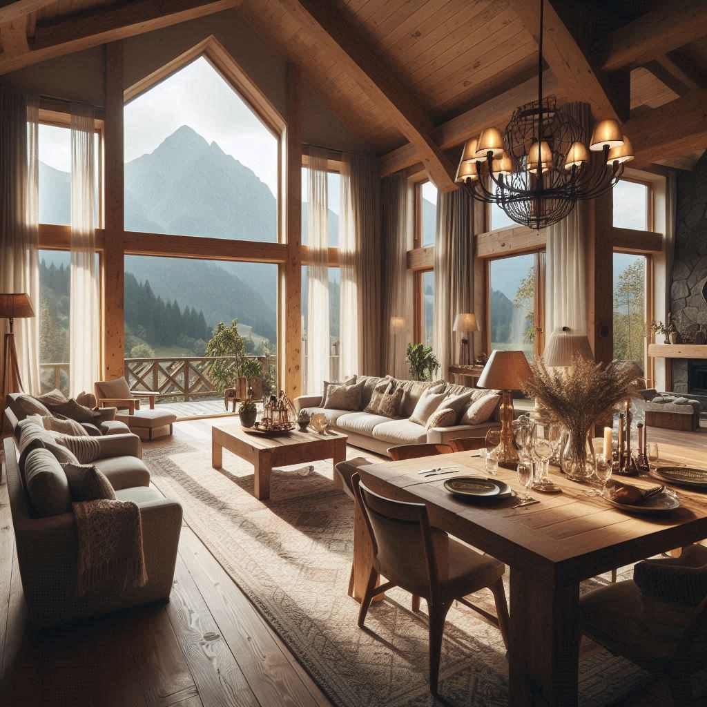 Mountain Home Interior Design. natural light. windows. Table lamps, pendant lights, and chandeliers