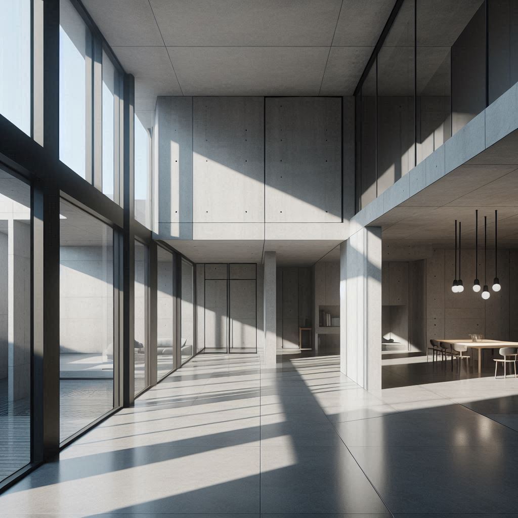 Minimalist Brutalist Interior Design. Large windows, glass doors, and skylights