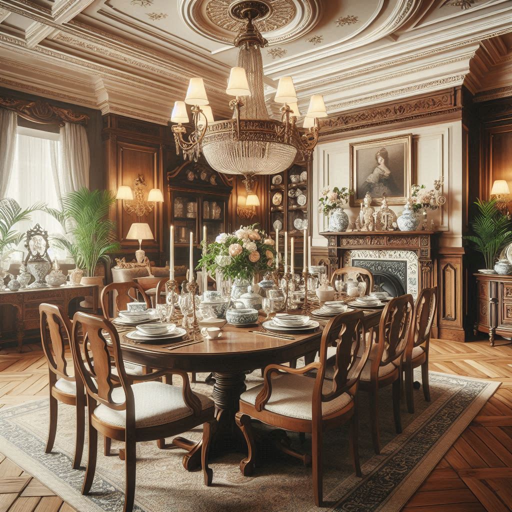 Classic American Interior Design. Dining Area. wooden table surrounded by chairs. fine china or vintage tableware