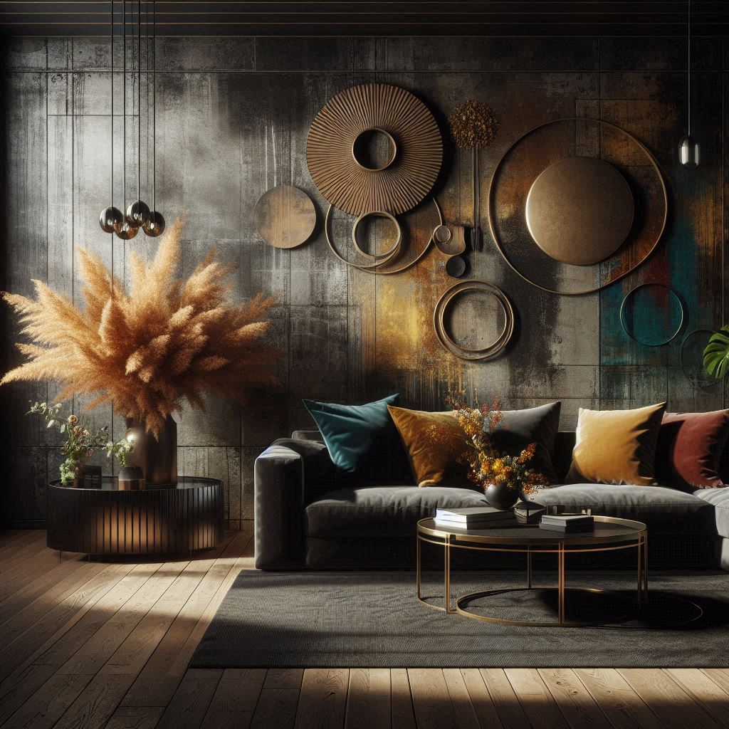 Grunge Interior Design. deep charcoal, rich browns, and matte blacks. for accent color use vibrant yellows, teals, or reds
