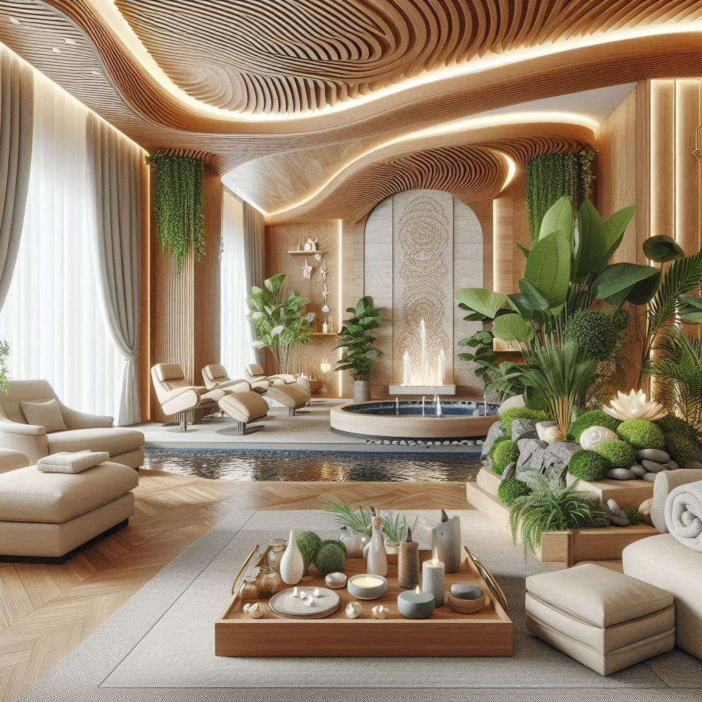 Luxury Medical Spa Interior Design. indoor plants, small fountains, wood accent