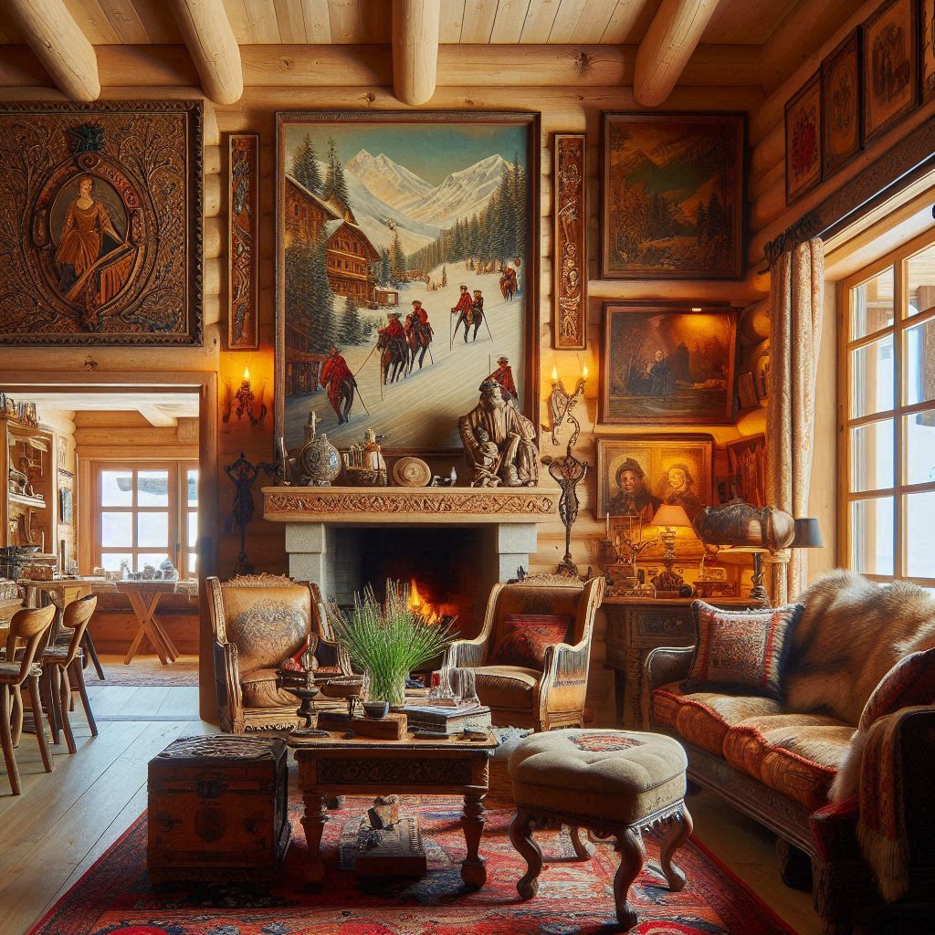 Interior Design Ski Lodge. local art or handcrafted items that reflect the region’s culture and heritage.  heirlooms or keepsakes that tell a story