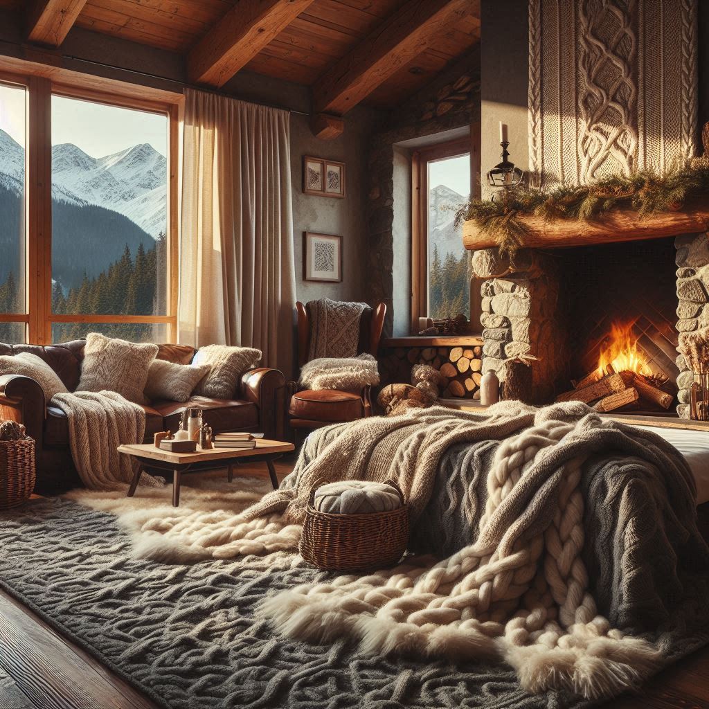 Mountain Home Interior Design. thick wool blankets. luxurious wool rug in front of the fireplace. Throw pillows in chenille. knitted throw on a leather chair. fleece blanket on the bed