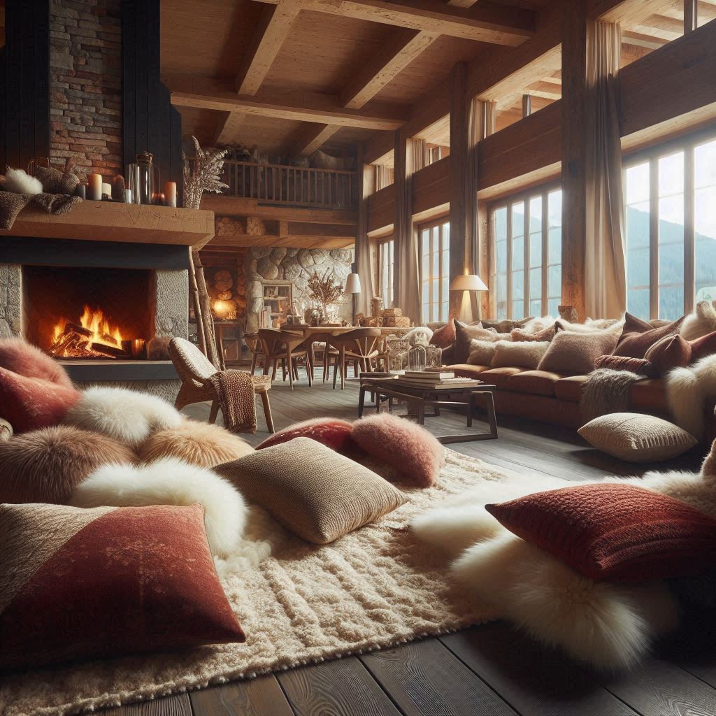 Interior Design Ski Lodge. large, plush area rug can soften cold floors.  deep reds, earth tones, or soft neutrals. A mix of fluffy cushions, warm wool throws, and luxurious fabrics like velvet