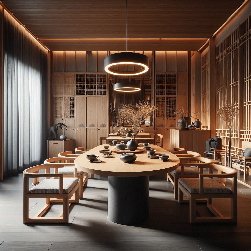 Chinese Design Interior.  low wooden tables, sleek chairs, and simple storage units