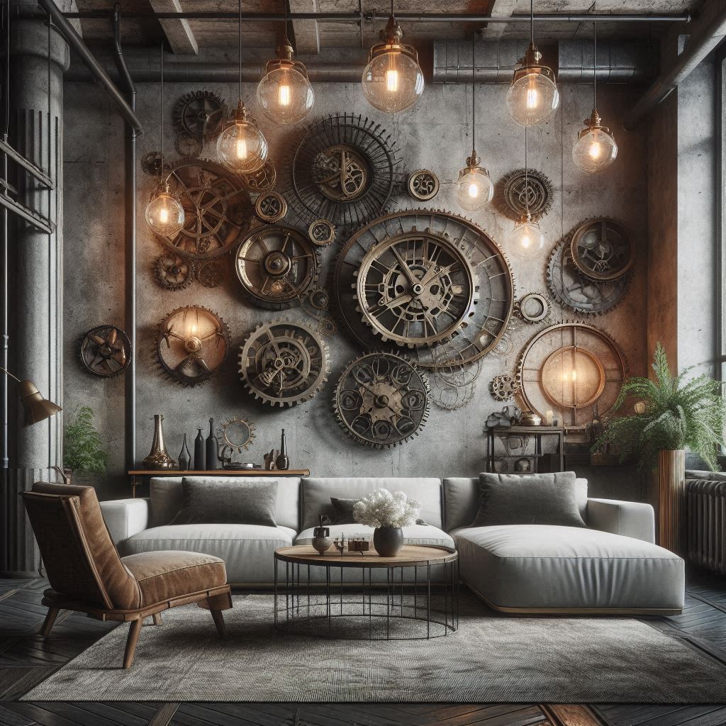 Industrial Steampunk Interior Design. living room. pendant lights