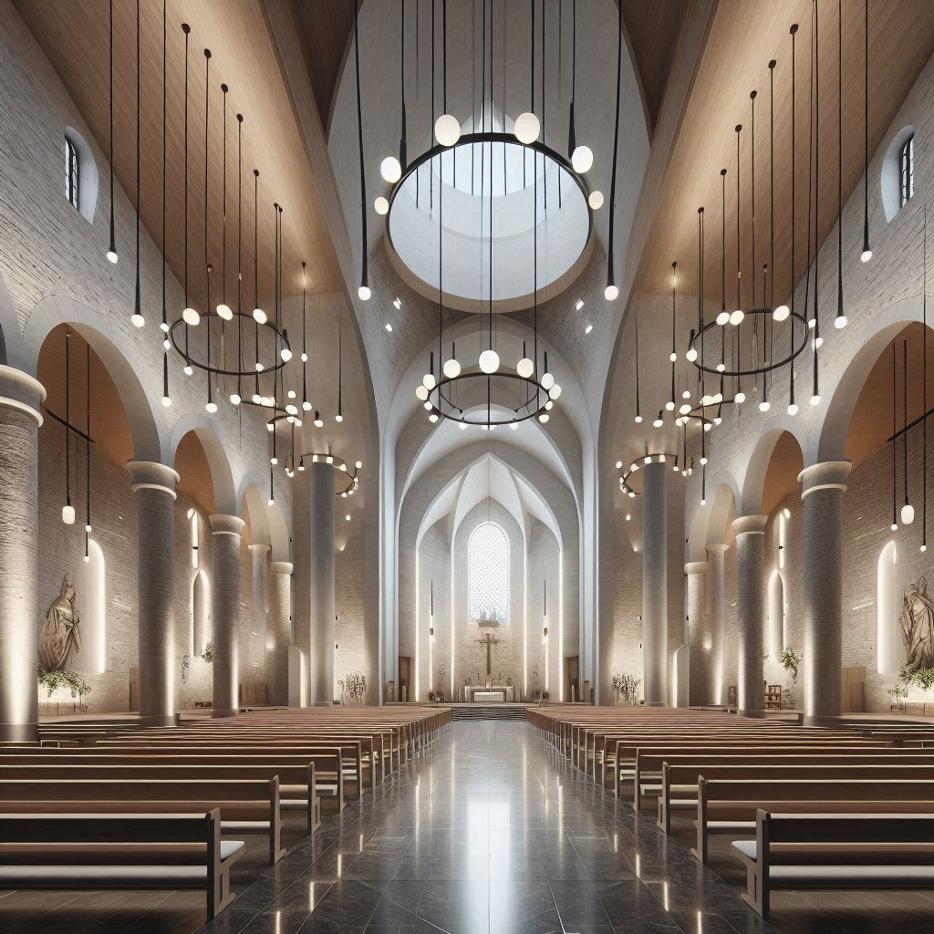 Church Building Interior Design. Sleek, modern lighting fixtures can complement old-world architecture. ceilings or stone walls can be paired with modern, minimalist furniture and lighting