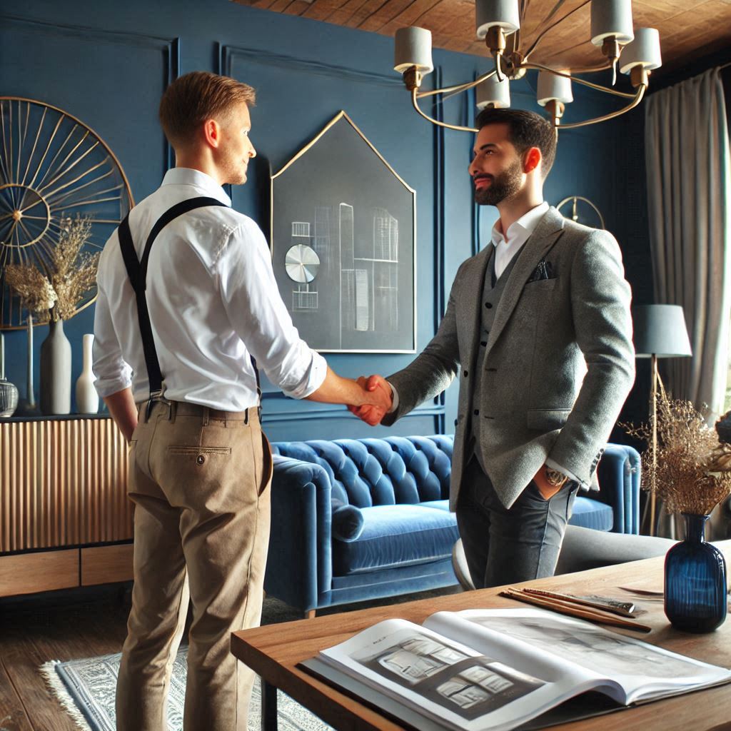 interior designer shake hand with a client. navy blue and grey theme