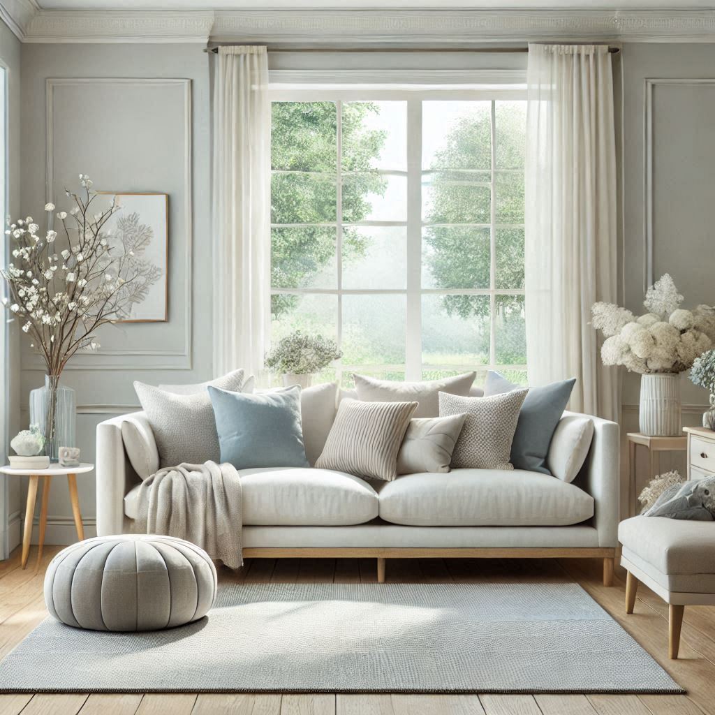 nantucket interior design style. Create an image of a cozy living room featuring soft, neutral colors like white walls, light gray rug, and pale blue cushions on a neutral sofa. The space should feel open and airy, with natural light pouring in through large windows. The design should evoke a peaceful, coastal atmosphere, with subtle touches of blue for accent walls and decor.