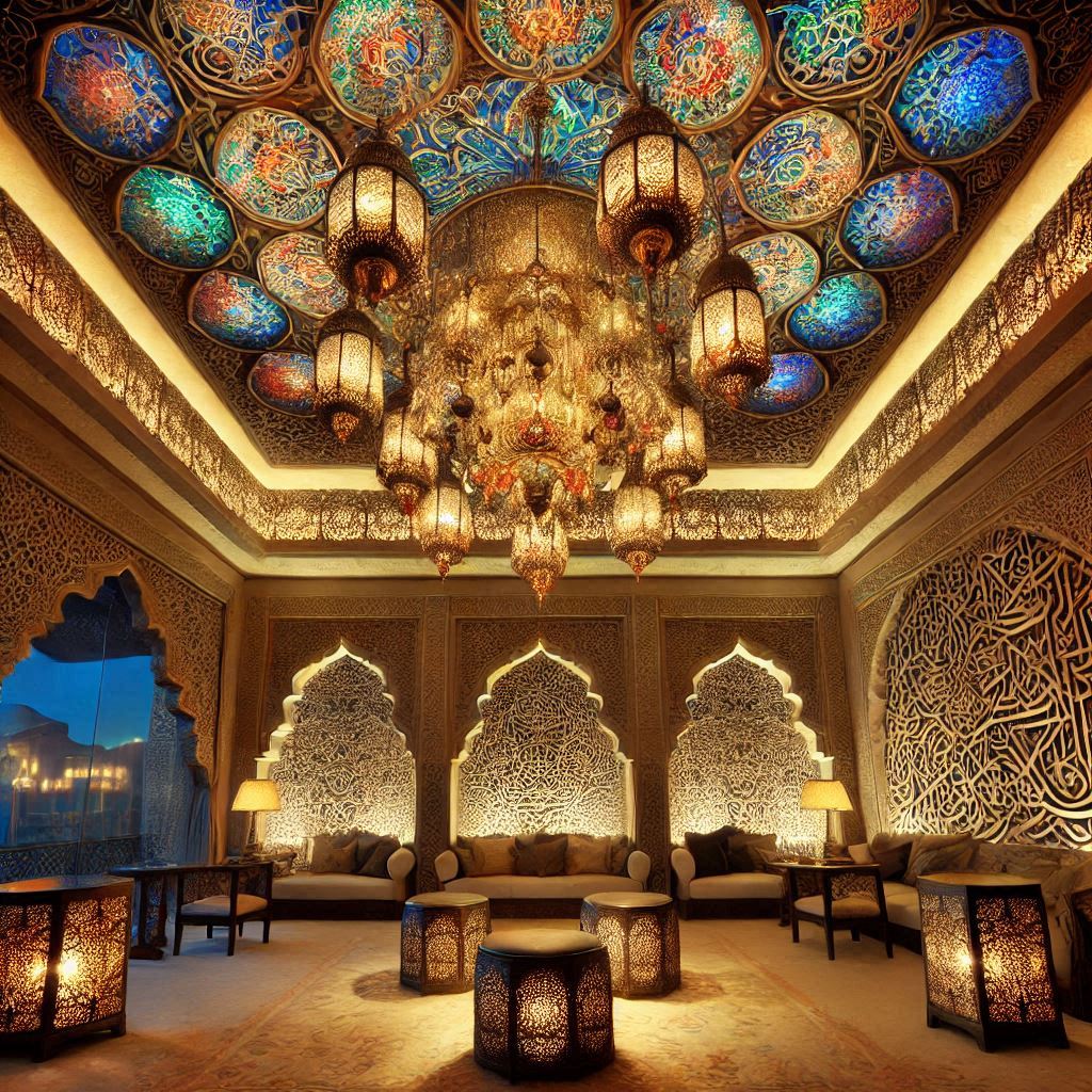 Arabic Interior Design. Decorative Lighting. detailed metalwork or colored glass that casts beautiful patterns on the walls. a large, ornate chandelier in the center of the room can be both a focal point and a source of ambient light.