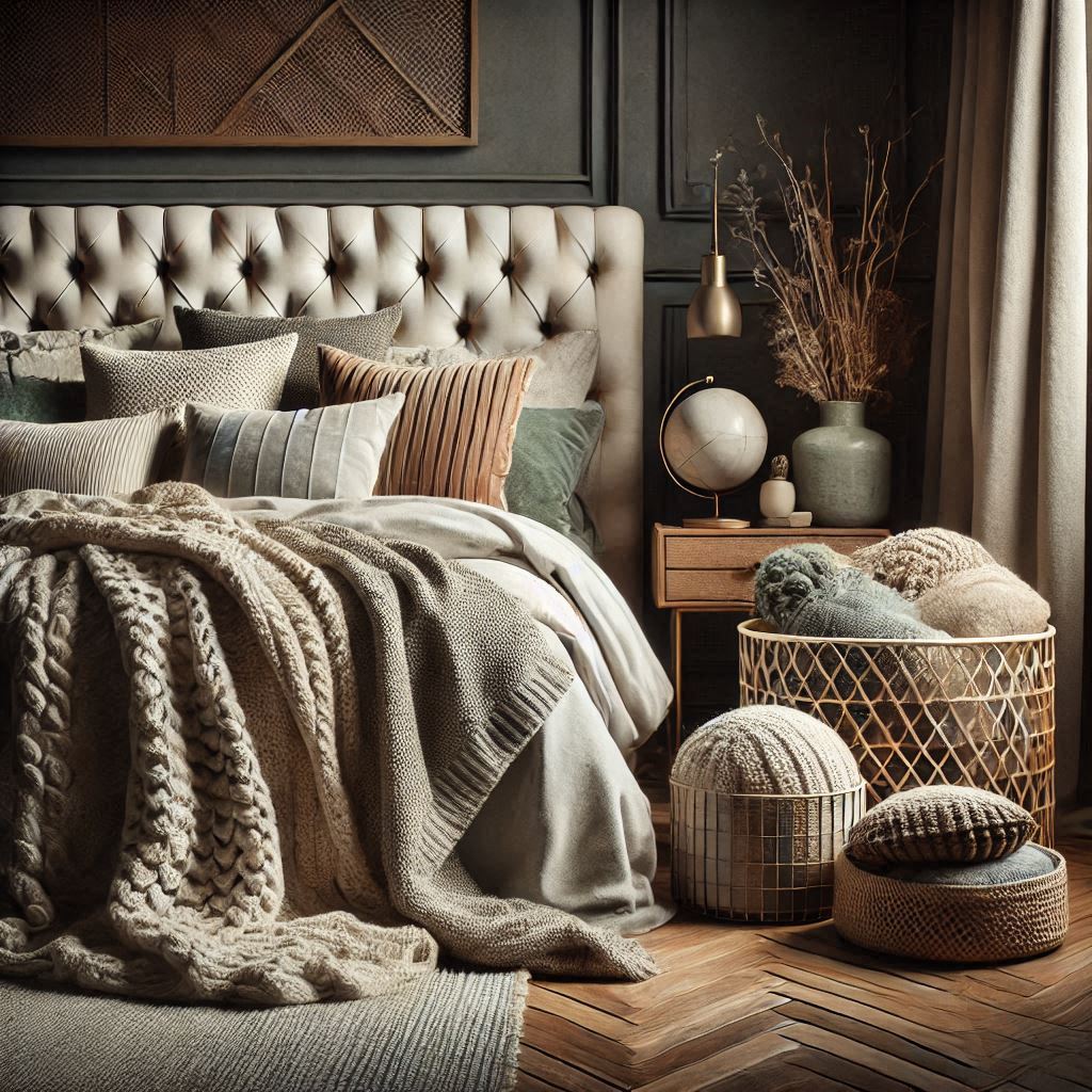 FFE Interior Design. Layer Textures for a Cozy Feel. layering materials like soft throws, plush cushions, velvet curtains, and smooth leather. hard surfaces like wood or metal, adding softer textures, such as a knit blanket or woven baskets, can create a nice balance.